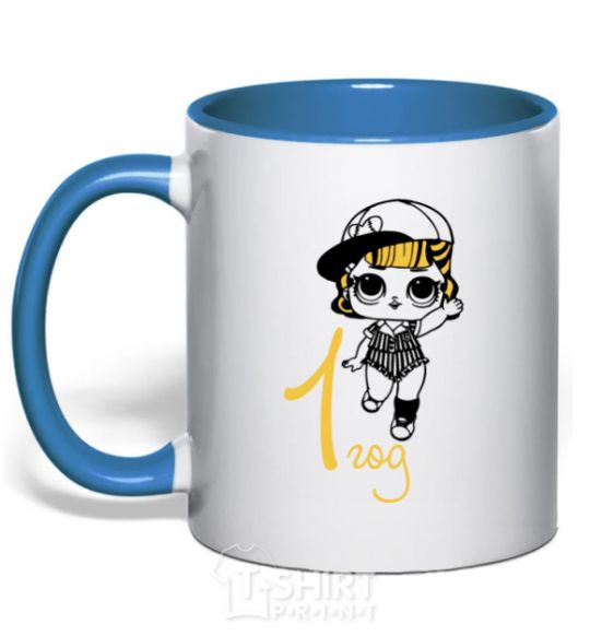 Mug with a colored handle Doll in a cap 1 year old royal-blue фото