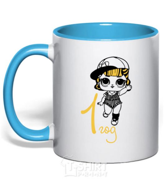 Mug with a colored handle Doll in a cap 1 year old sky-blue фото