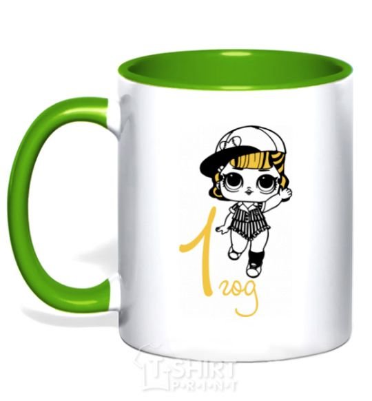 Mug with a colored handle Doll in a cap 1 year old kelly-green фото