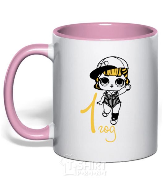 Mug with a colored handle Doll in a cap 1 year old light-pink фото