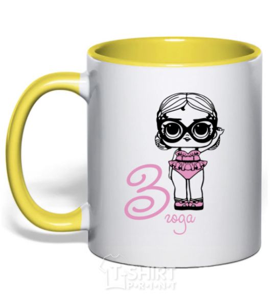 Mug with a colored handle A doll in a swimsuit 3 years old yellow фото
