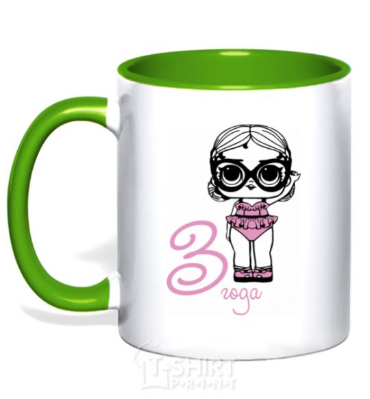 Mug with a colored handle A doll in a swimsuit 3 years old kelly-green фото