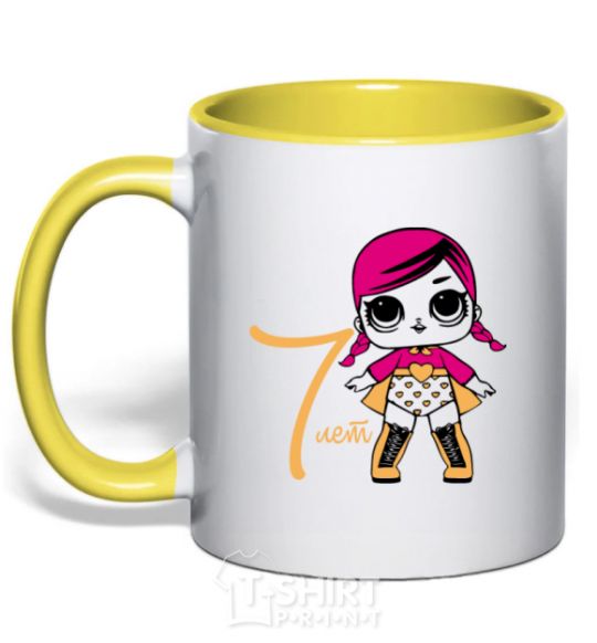 Mug with a colored handle The doll in the cape is 7 years old yellow фото