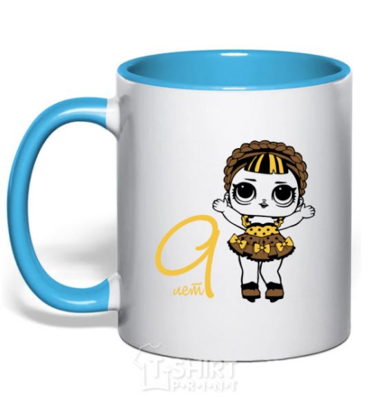 Mug with a colored handle The doll with the braid is 9 years old sky-blue фото