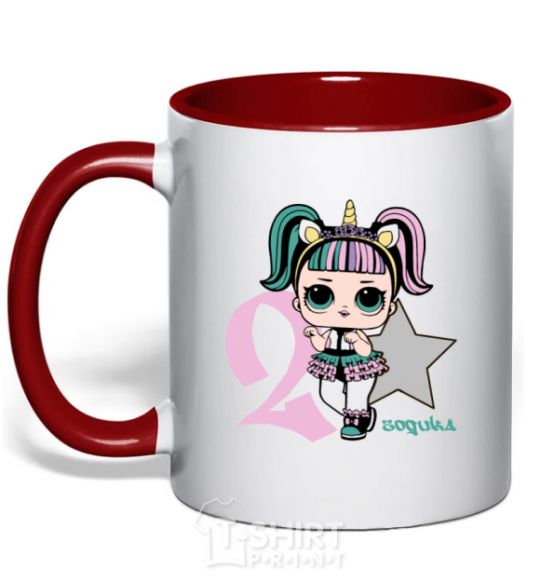 Mug with a colored handle A 2-year-old unicorn doll red фото