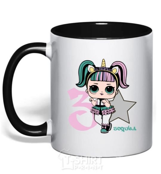 Mug with a colored handle A 3-year-old unicorn doll black фото