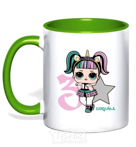 Mug with a colored handle A 3-year-old unicorn doll kelly-green фото