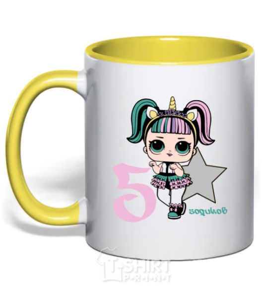 Mug with a colored handle A 5-year-old unicorn doll yellow фото