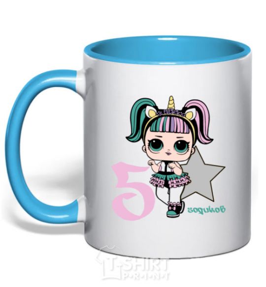 Mug with a colored handle A 5-year-old unicorn doll sky-blue фото