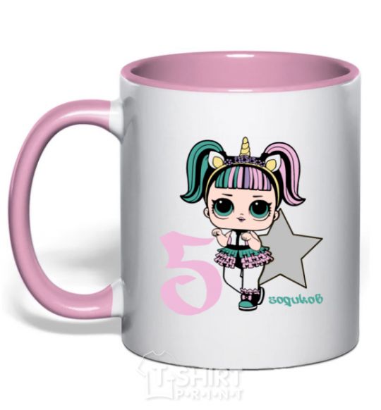 Mug with a colored handle A 5-year-old unicorn doll light-pink фото