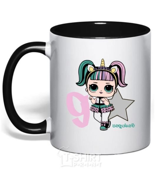 Mug with a colored handle A 9-year-old unicorn doll black фото