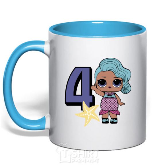 Mug with a colored handle Mermaid doll 4 year old sky-blue фото