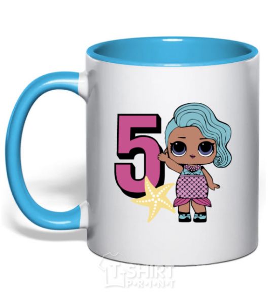 Mug with a colored handle Mermaid doll 5 year old sky-blue фото