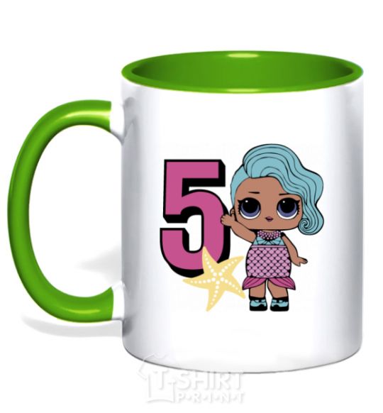 Mug with a colored handle Mermaid doll 5 year old kelly-green фото