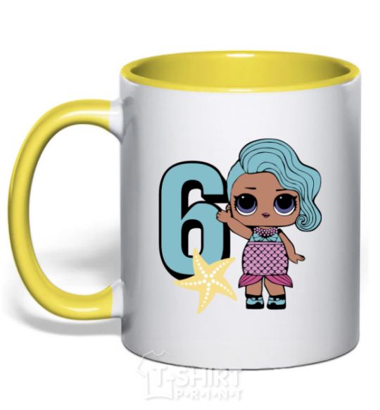 Mug with a colored handle Mermaid doll 6 year old yellow фото