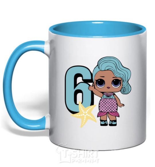 Mug with a colored handle Mermaid doll 6 year old sky-blue фото