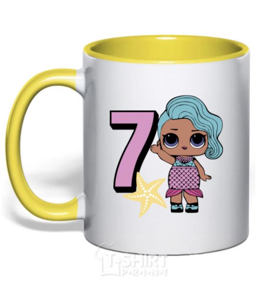 Mug with a colored handle Mermaid doll 7 year old yellow фото