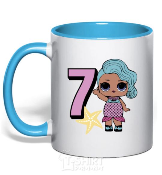 Mug with a colored handle Mermaid doll 7 year old sky-blue фото