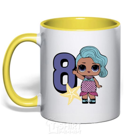 Mug with a colored handle Mermaid doll 8 year old yellow фото