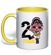 Mug with a colored handle Baby 2 year old doll in a T-shirt yellow фото