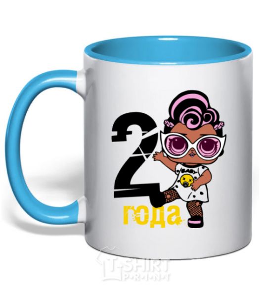 Mug with a colored handle Baby 2 year old doll in a T-shirt sky-blue фото