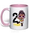 Mug with a colored handle Baby 2 year old doll in a T-shirt light-pink фото