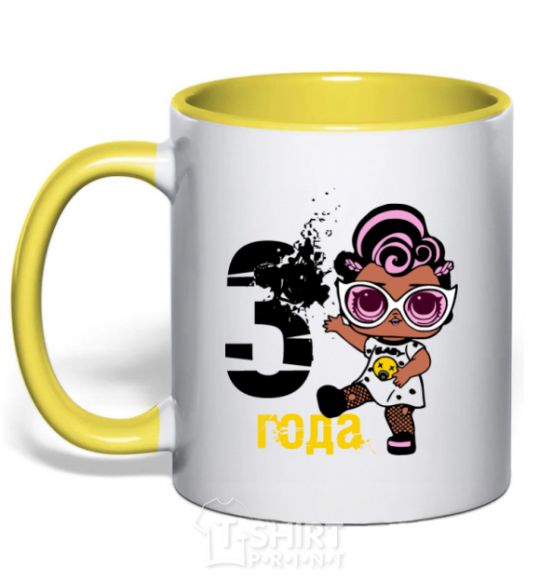 Mug with a colored handle Baby 3 year old doll in a T-shirt yellow фото