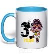 Mug with a colored handle Baby 3 year old doll in a T-shirt sky-blue фото