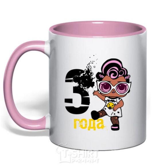 Mug with a colored handle Baby 3 year old doll in a T-shirt light-pink фото