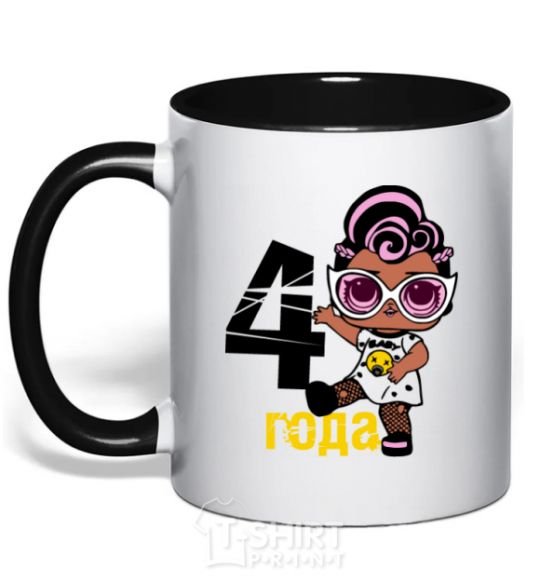 Mug with a colored handle Baby 4 year old doll in a T-shirt black фото