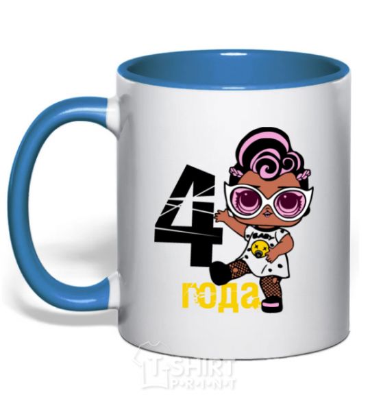 Mug with a colored handle Baby 4 year old doll in a T-shirt royal-blue фото