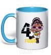 Mug with a colored handle Baby 4 year old doll in a T-shirt sky-blue фото