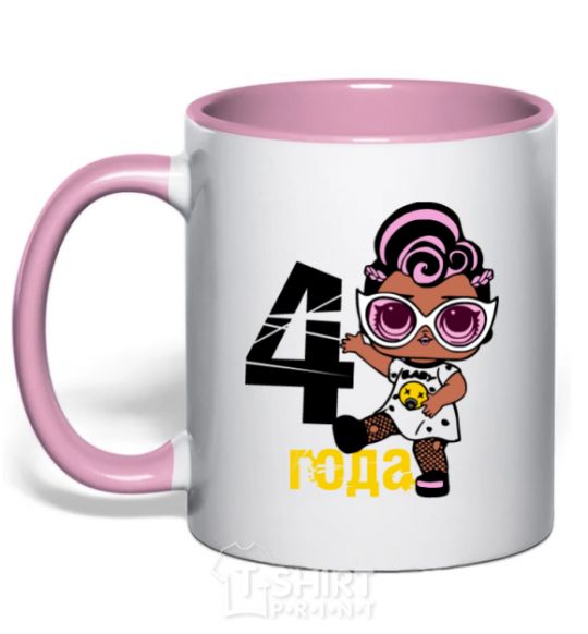 Mug with a colored handle Baby 4 year old doll in a T-shirt light-pink фото