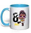 Mug with a colored handle Baby 8 year old doll in a T-shirt sky-blue фото