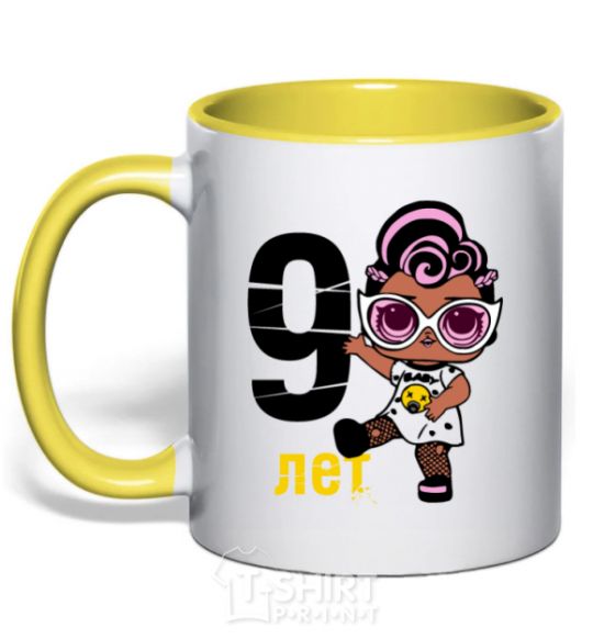 Mug with a colored handle Baby 9 year old doll in a T-shirt yellow фото