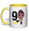 Mug with a colored handle Baby 9 year old doll in a T-shirt yellow фото