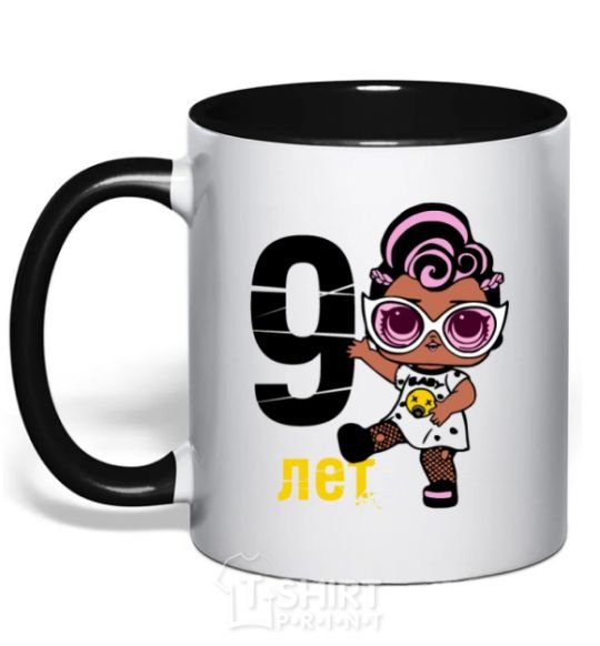 Mug with a colored handle Baby 9 year old doll in a T-shirt black фото