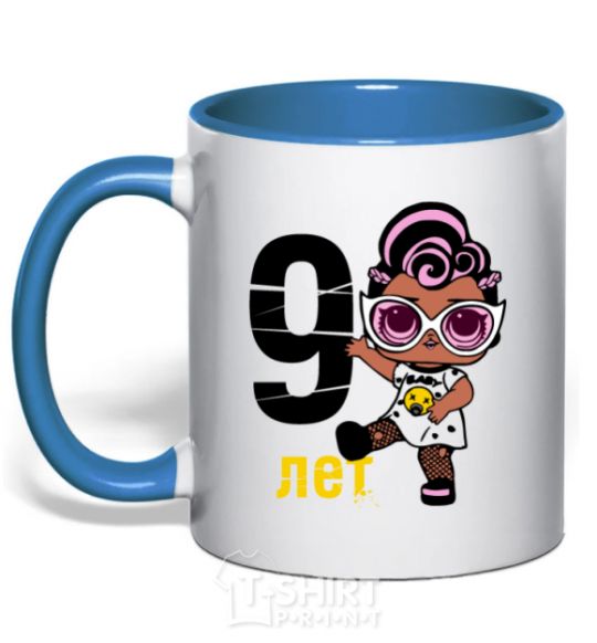 Mug with a colored handle Baby 9 year old doll in a T-shirt royal-blue фото