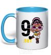 Mug with a colored handle Baby 9 year old doll in a T-shirt sky-blue фото