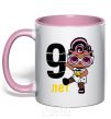 Mug with a colored handle Baby 9 year old doll in a T-shirt light-pink фото