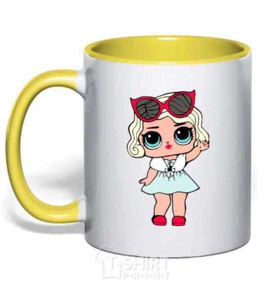 Mug with a colored handle A doll in a fur cape yellow фото