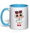 Mug with a colored handle A doll in a fur cape sky-blue фото