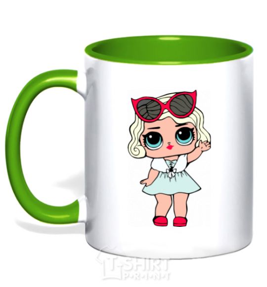 Mug with a colored handle A doll in a fur cape kelly-green фото