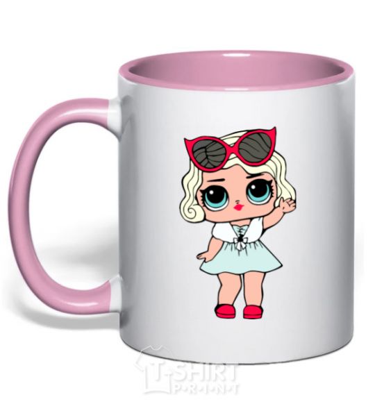 Mug with a colored handle A doll in a fur cape light-pink фото