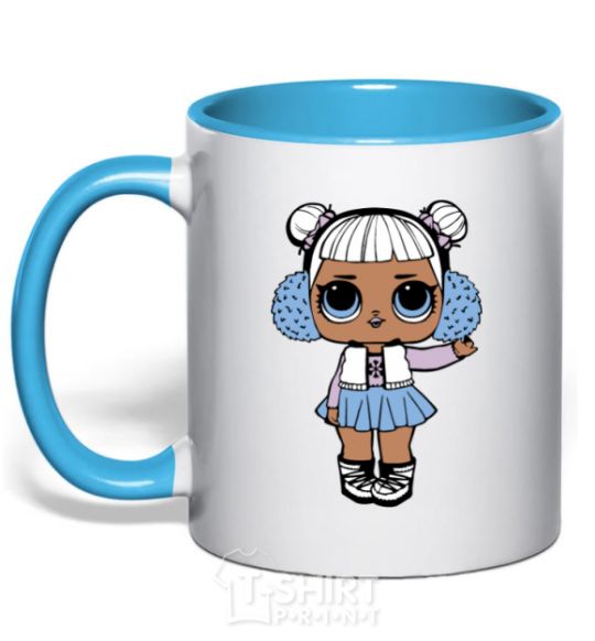 Mug with a colored handle A doll in a vest sky-blue фото