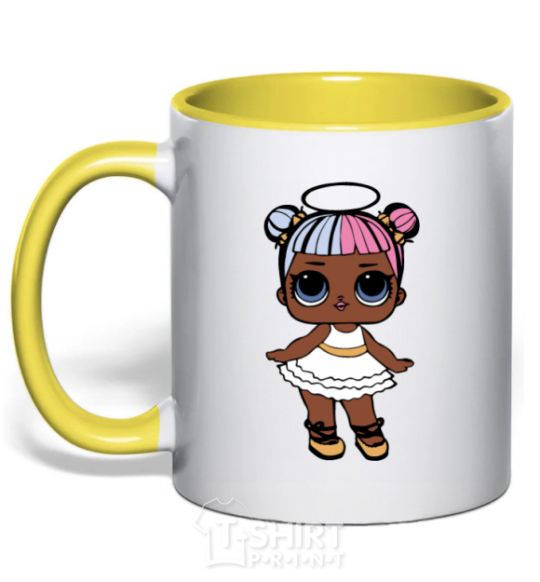 Mug with a colored handle A doll with a halo yellow фото