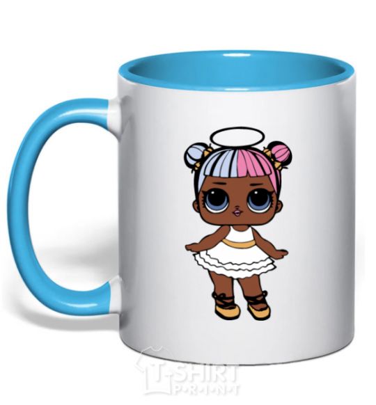 Mug with a colored handle A doll with a halo sky-blue фото