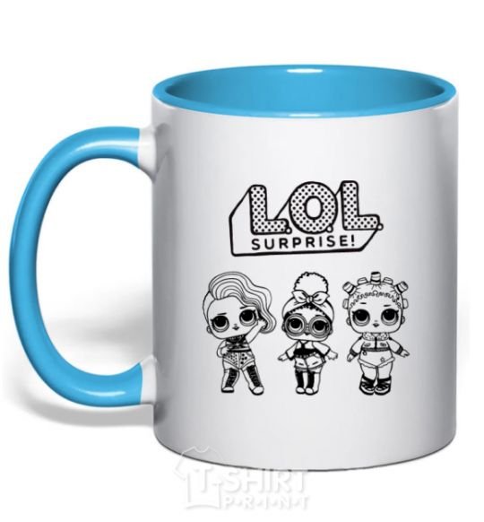 Mug with a colored handle Lol three dolls rock sky-blue фото