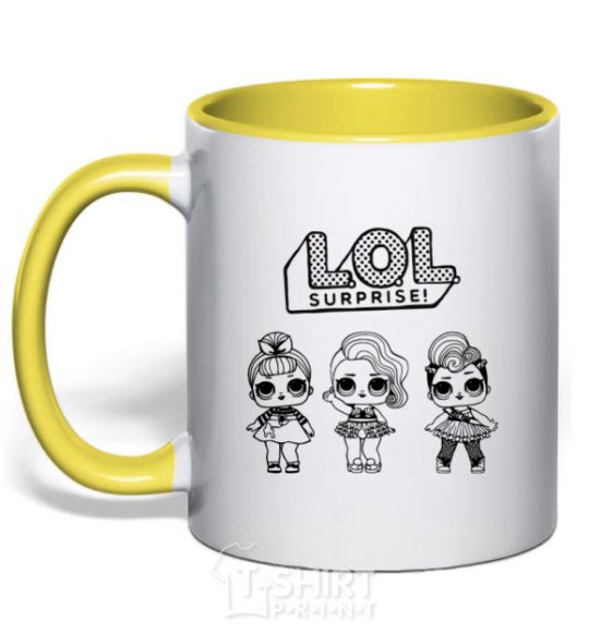 Mug with a colored handle Lol three dolls in skirts yellow фото