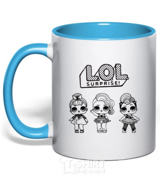 Mug with a colored handle Lol three dolls in skirts sky-blue фото